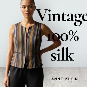 Vintage 90s Anne Klein II Zip-front Silk Shantung Striped Sleeveless Top Sz 10P